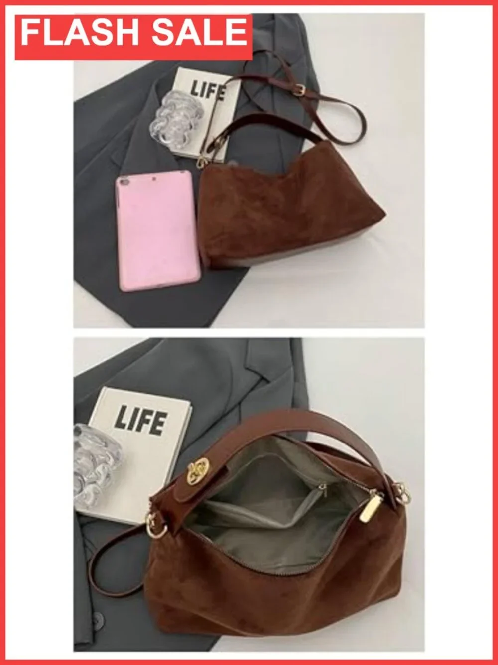 Faux Suede Slouchy Hobo Shoulder Bag Crossbody Satchel Tote Handbag Purse
